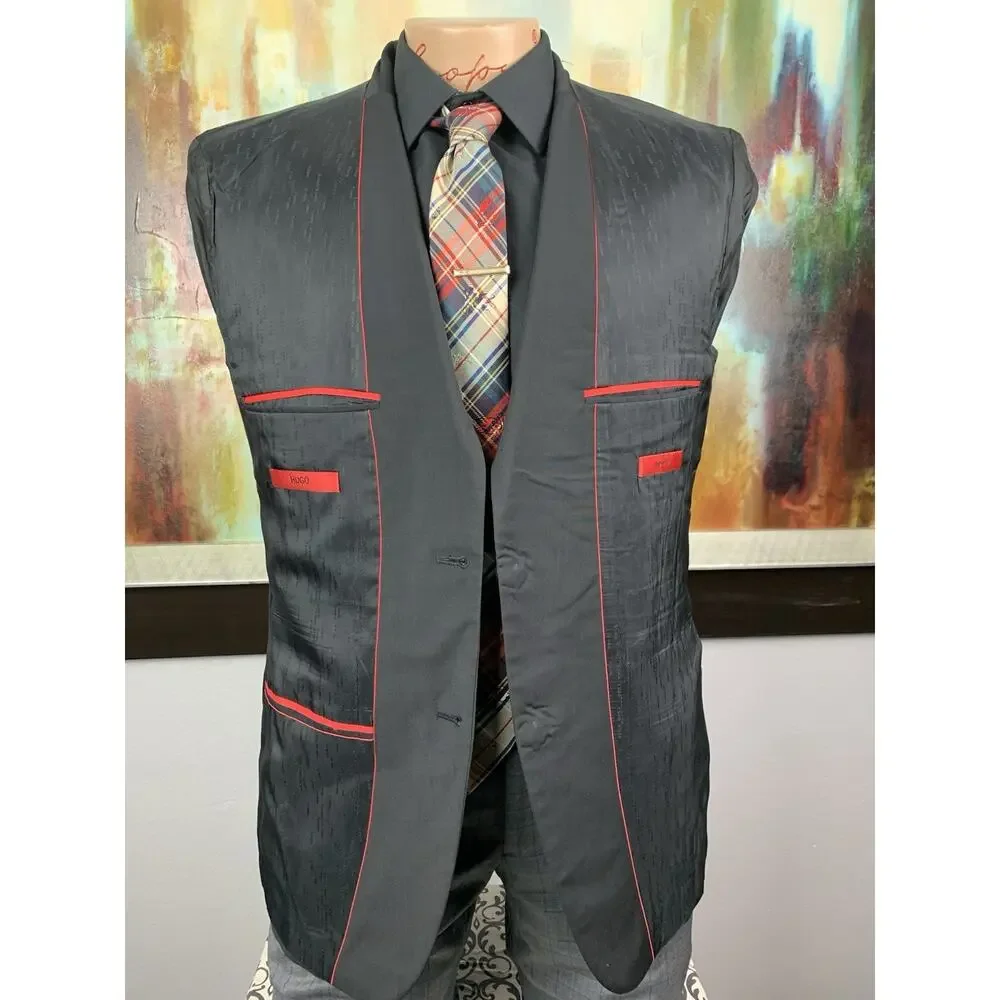 Hugo Boss Mens Super 100s Black Basket Weave Blazer 40R Slim Fit